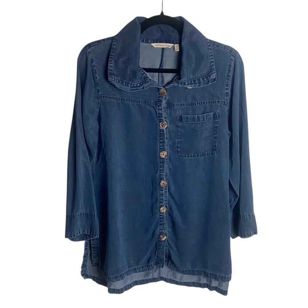 Soft Surroundings Size S Chambray Denim Button Down Shirt Causal Blue Western